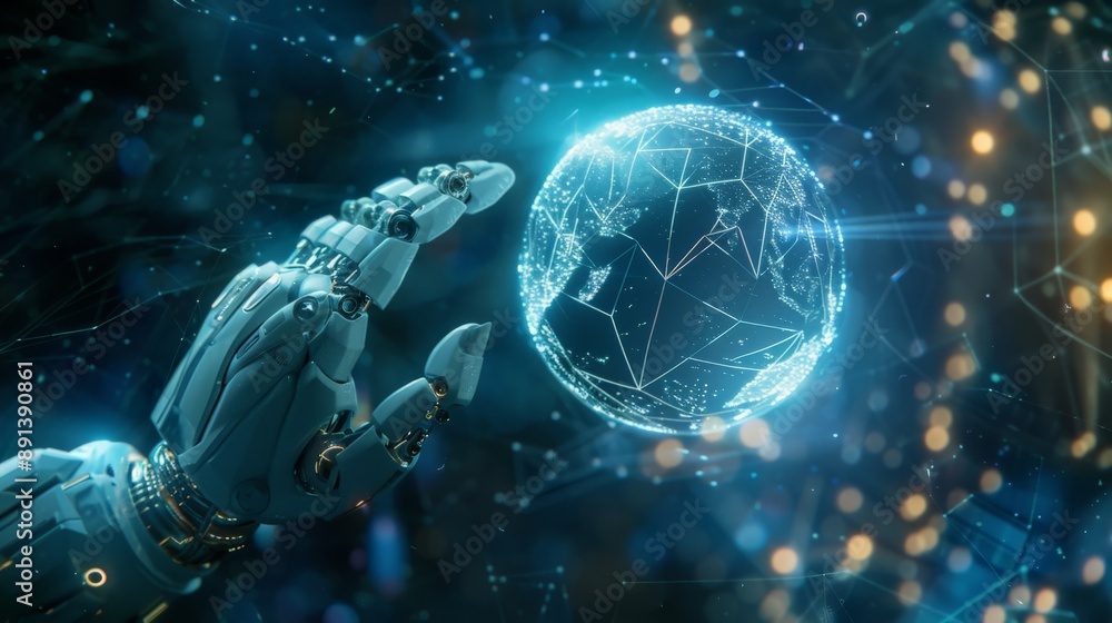 Robotic hand reaching out to a digital globe in a futuristic setting. Concept of global technology and AI innovation. Robotic hand reaching out to a digital globe in a futuristic setting. Concept of global technology and AI innovation.