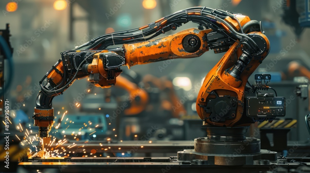 Modern industrial robotic welding work at factory. Industrial machine automatic robots arm for industrial 4.0 concept. Generative AI Modern industrial robotic welding work at factory. Industrial machine automatic robots arm for industrial 4.0 concept. Generative AI