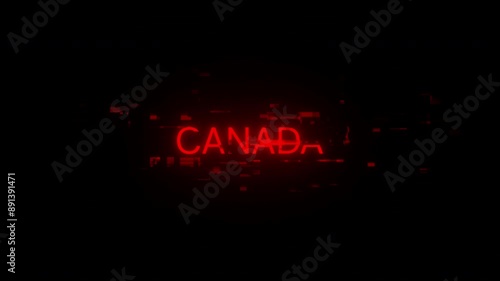 Canada text with screen effects of technological failures. Spectacular screen glitch with various kinds of interference. Looped