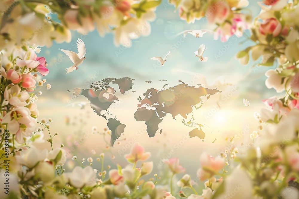 Doves flying around world map with flowers on International Day of Peace September 21 Doves flying around world map with flowers on International Day of Peace September 21