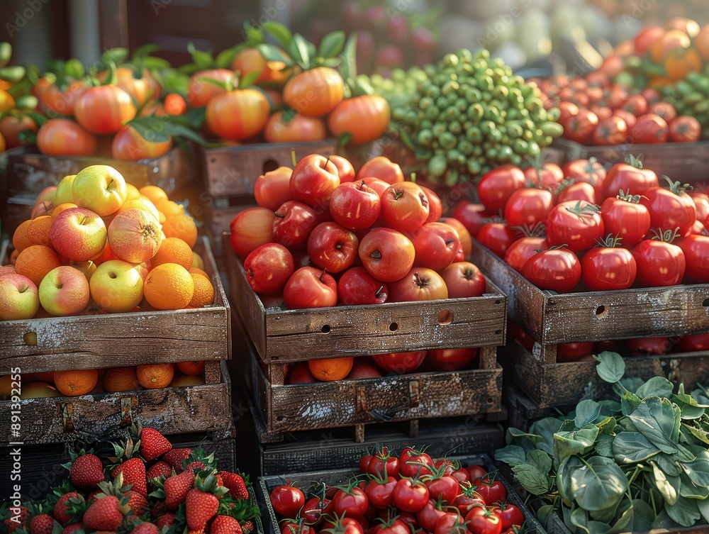 Vibrant Market Bounty: Hyper-Realistic 3D Rendering of Fresh Fruits and Vegetables in Wooden Crates Vibrant Market Bounty: Hyper-Realistic 3D Rendering of Fresh Fruits and Vegetables in Wooden Crates