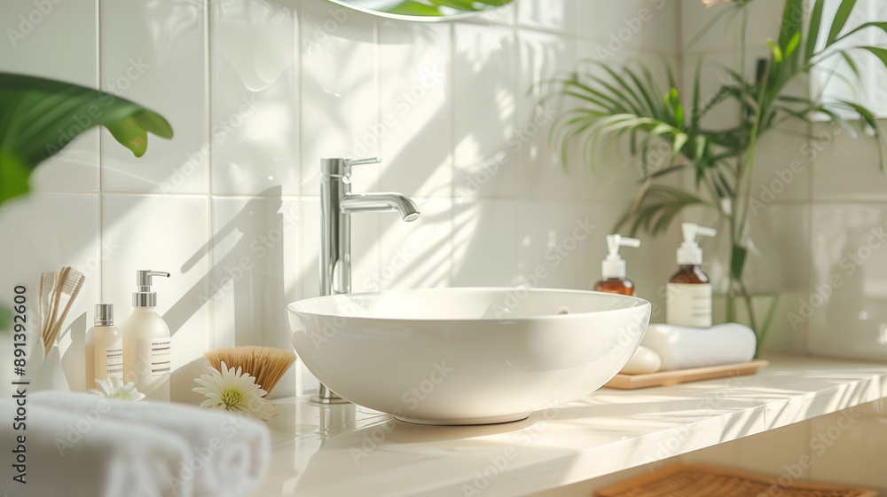Fototapeta premium white ceramic sink on the counter of an elegant bathroom, surrounded by beauty products and natural plant elements, creating a serene atmosphere