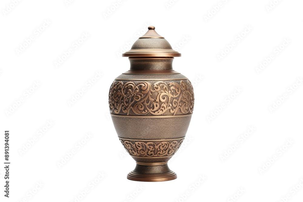 A Ornate Brass Urn With Intricate Floral Engravings Against A White Background on a Clear PNG or White Background. A Ornate Brass Urn With Intricate Floral Engravings Against A White Background on a Clear PNG or White Background.