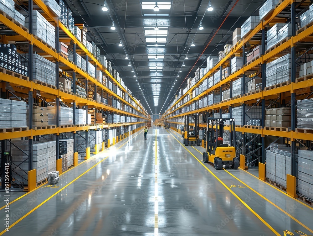 Hyper-Realistic 3D Rendering of Organized Logistics Warehouse Interior with Pallet Racks, Forklifts, and Efficient Inventory Management in 8K Resolution Hyper-Realistic 3D Rendering of Organized Logistics Warehouse Interior with Pallet Racks, Forklifts, and Efficient Inventory Management in 8K Resolution