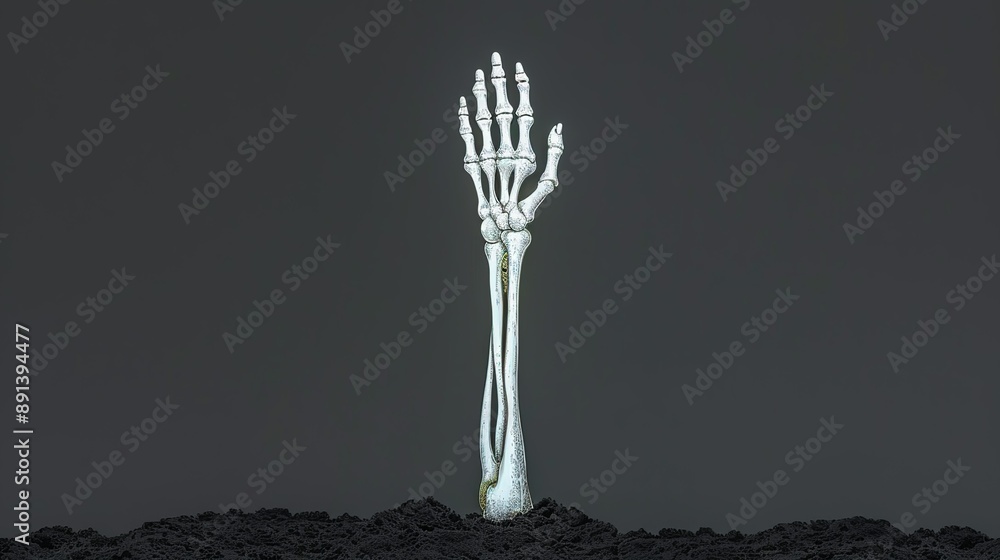 Skeletal hand reaching out from a grave, symbol of undead horror. Illustration Flat Color, Clip Art Style , Minimalism, Skeletal hand reaching out from a grave, symbol of undead horror. Illustration Flat Color, Clip Art Style , Minimalism,