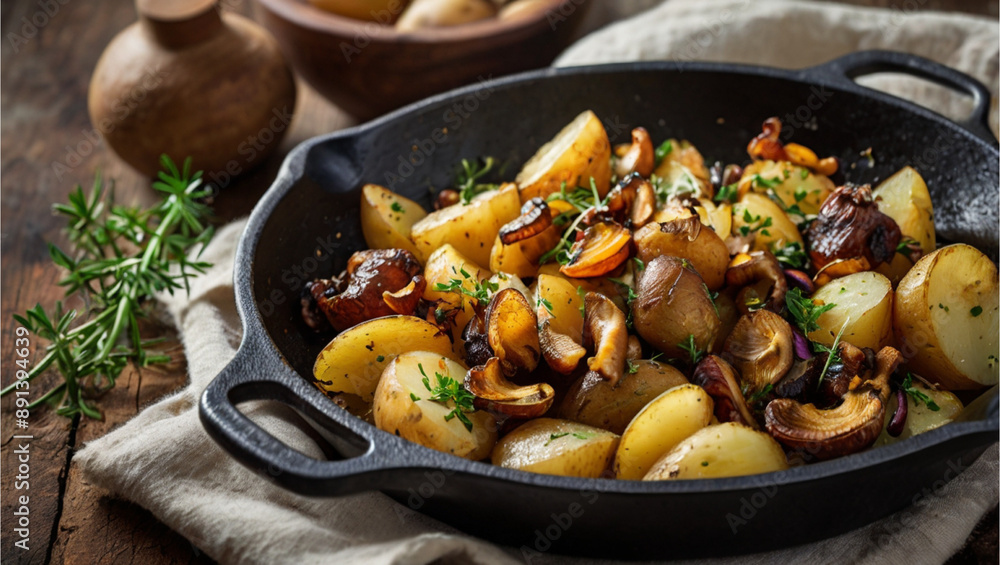 Selective focus of potatoes cooked with typical French spices served on a frying pan. Selective focus of potatoes cooked with typical French spices served on a frying pan.