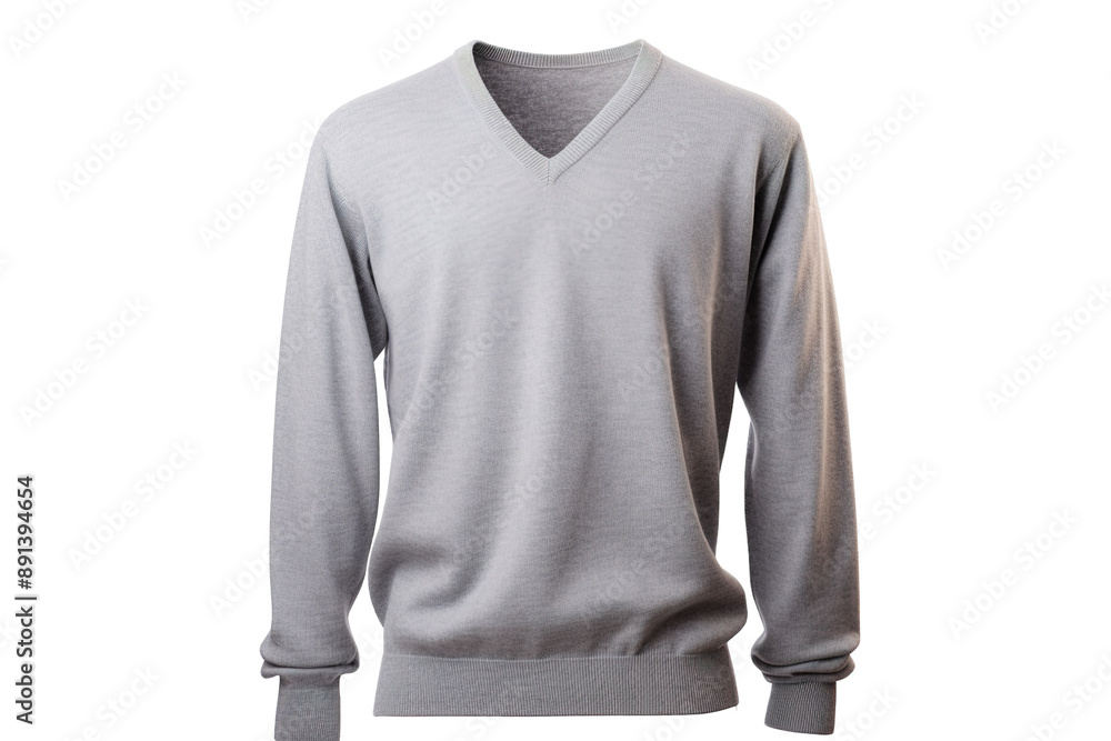 A Soft Grey V-Neck Sweater Ready For The Day on a Clear PNG or White Background. A Soft Grey V-Neck Sweater Ready For The Day on a Clear PNG or White Background.