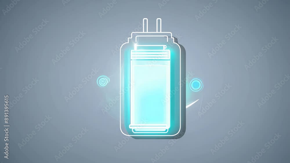 Glowing battery icon on gray background. Use: technology, device charging, energy innovation.