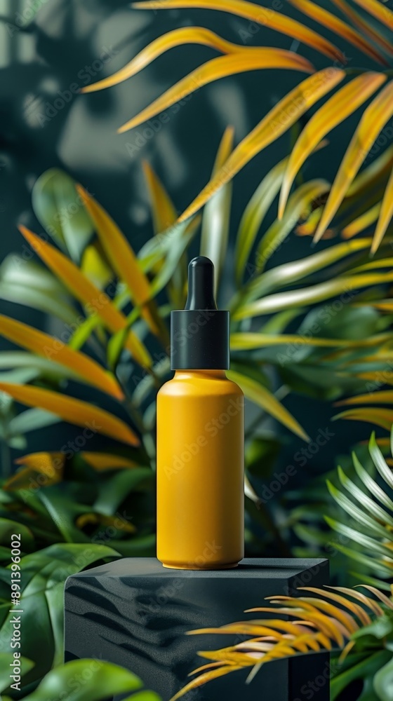 A bottle of perfume is sitting on a table in front of a green plant A bottle of perfume is sitting on a table in front of a green plant