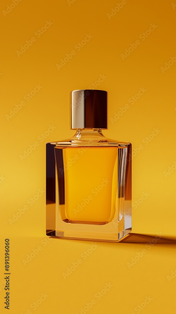A bottle of perfume is sitting on a yellow background A bottle of perfume is sitting on a yellow background