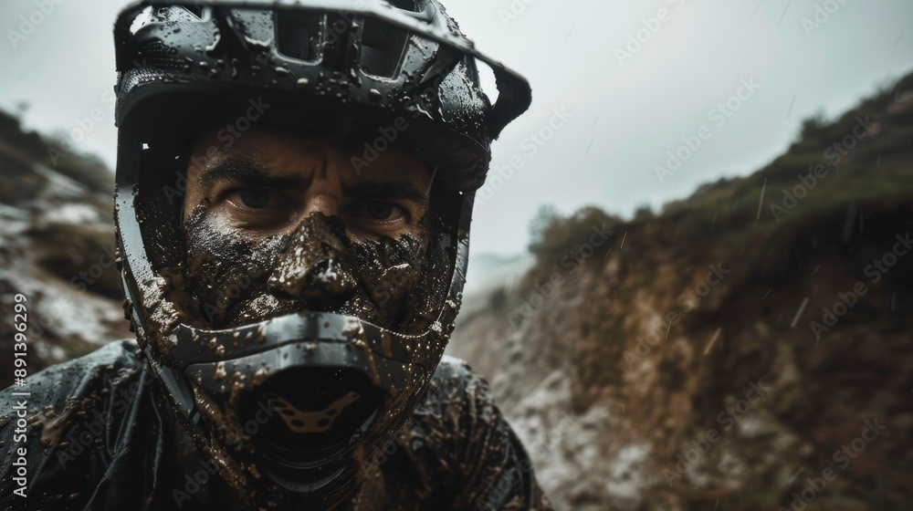 Mountain biker in full face helmet and goggles covered in mud taking a rest on a rugged mountain trail Mountain biker in full face helmet and goggles covered in mud taking a rest on a rugged mountain trail