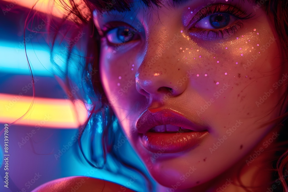 Captivating Close-Up of a Model with Glitter and Neon Lights Captivating Close-Up of a Model with Glitter and Neon Lights