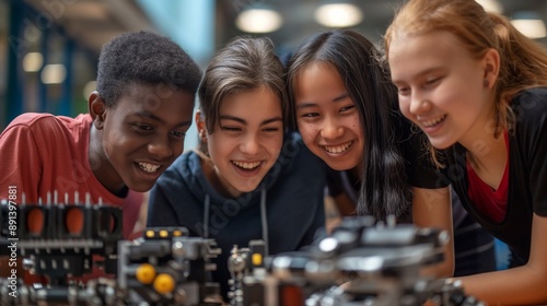 Enthusiastic teenagers from various backgrounds gathered around a table, a robot during a STEM workshop. The joy of learning and the importance of hands-on experience in scientific education