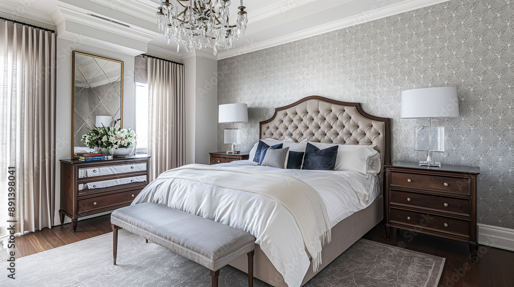 Luxurious master bedroom interior design featuring elegant tufted headboard Luxurious master bedroom interior design featuring elegant tufted headboard