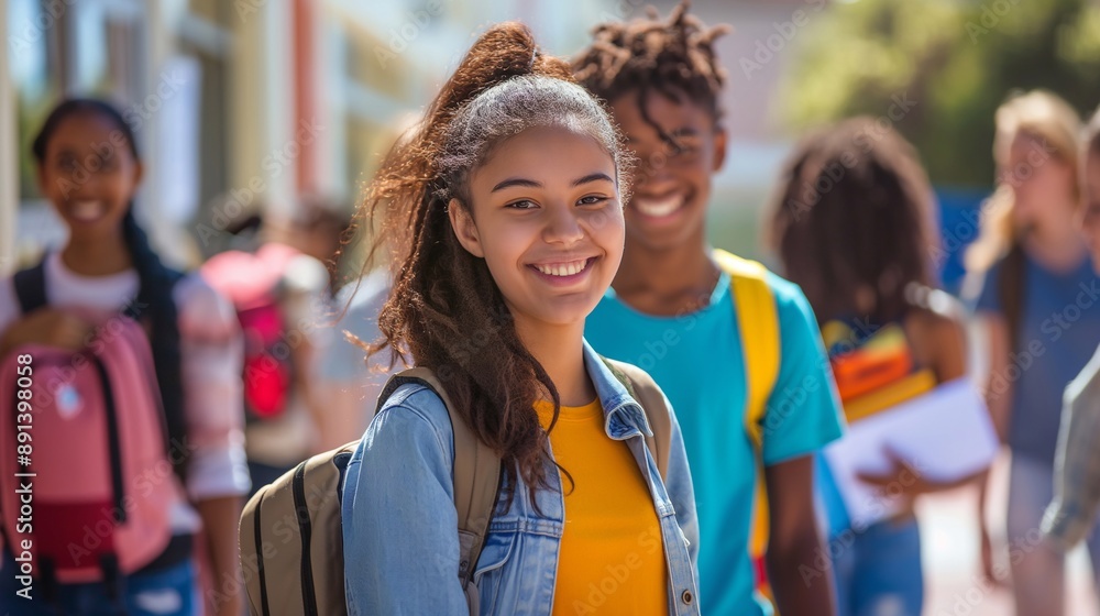 Smiling and engaged, a diverse group of high school students gather outside their school, their backpacks a testament to the academic journey they share and the friendships they build along the way Smiling and engaged, a diverse group of high school students gather outside their school, their backpacks a testament to the academic journey they share and the friendships they build along the way