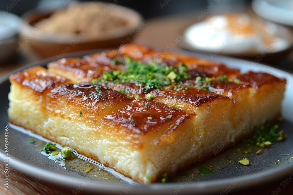 Lebanon Knafeh A slice of sweet cheese pastry soaked in syrup, topped with a layer of orange semolina crust and garnished with crushed pistachios. Lebanon Knafeh A slice of sweet cheese pastry soaked in syrup, topped with a layer of orange semolina crust and garnished with crushed pistachios.
