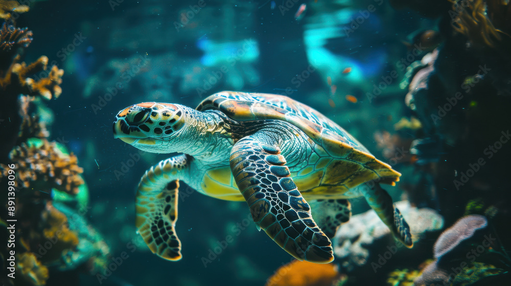 Fototapeta premium A photograph of a turtle swimming underwater, green and yellow shell, detailed texture, serene and calm pose, straight-on angle, near a coral reef