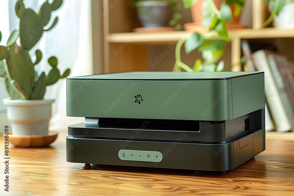 Modern Green Printer on a Wooden Table Surrounded by Plants Modern Green Printer on a Wooden Table Surrounded by Plants