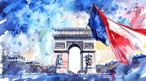 Watercolor illustration for french national day celebration with arc de triomphe and large flag.