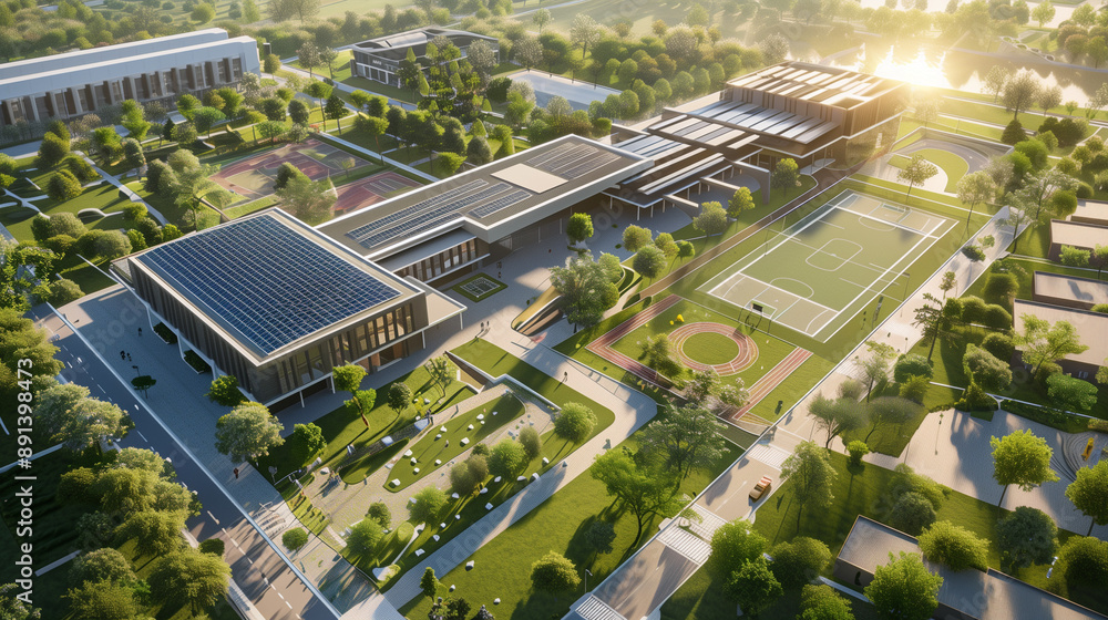 Aerial view of modern eco-friendly school campus Aerial view of modern eco-friendly school campus