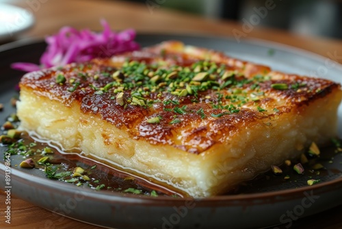 Wallpaper Mural Lebanon Knafeh A slice of sweet cheese pastry soaked in syrup, topped with a layer of orange semolina crust and garnished with crushed pistachios.  Torontodigital.ca