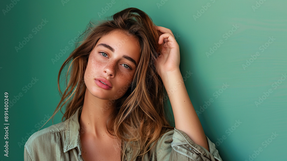 Creative portrait of a young woman on green background Creative portrait of a young woman on green background