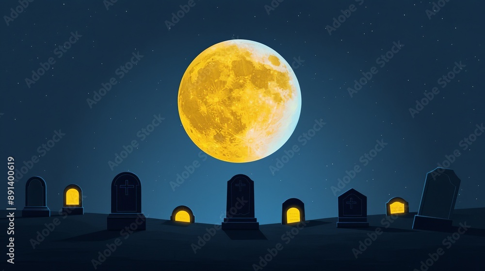 Naklejka premium Moonlit graveyard with tombstones glowing softly, spirits rising from their resting places. Illustration Flat Color, Clip Art Style , Minimalism,