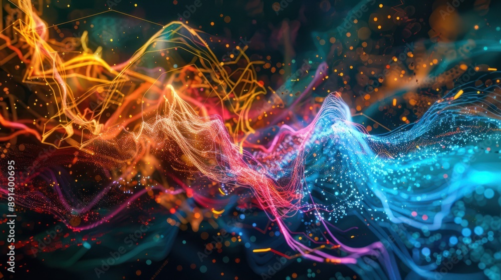 A colorful and dynamic abstract visualization representing big data, information streams, and complex graphs, showing the processing of data by artificial intelligence. Generative AI A colorful and dynamic abstract visualization representing big data, information streams, and complex graphs, showing the processing of data by artificial intelligence. Generative AI