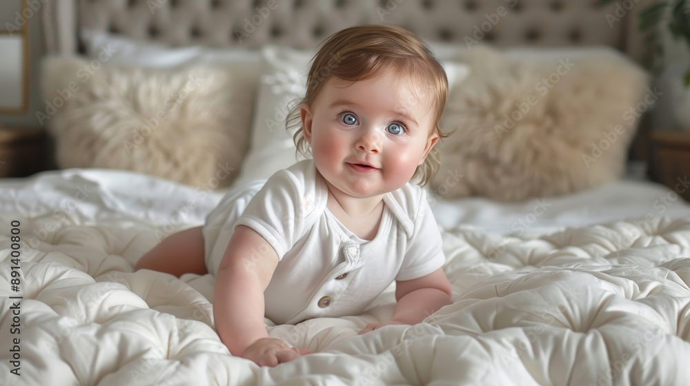 Baby wearing white shirt bodysuit mockup, at white bed background. Baby wearing white shirt bodysuit mockup, at white bed background.