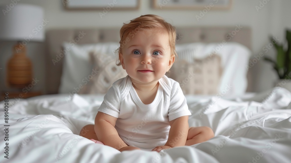 Baby wearing white shirt bodysuit mockup, at white bed background. Baby wearing white shirt bodysuit mockup, at white bed background.
