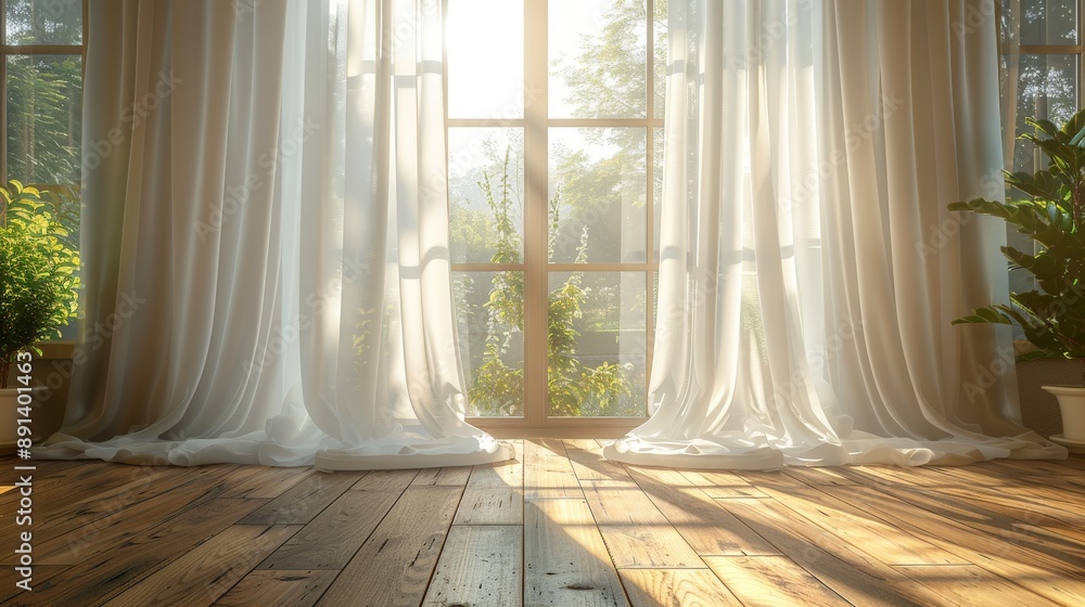 Blowing white sheer curtain。 Blowing white sheer curtain。