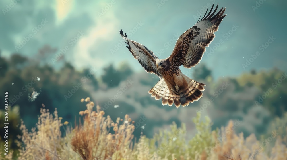 Fototapeta premium A brown and white hawk with its wings spread soars over green hills and brown grass