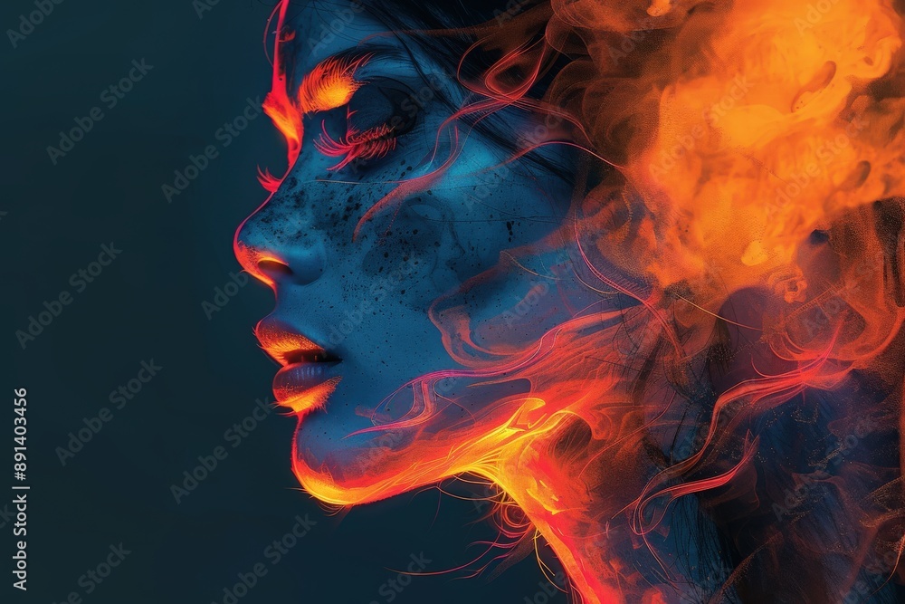 A striking abstract artwork featuring a human profile blending with vibrant, fiery orange and blue hues, symbolizing intense emotion and artistic expression. A striking abstract artwork featuring a human profile blending with vibrant, fiery orange and blue hues, symbolizing intense emotion and artistic expression.