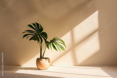 Modern summer minimal of plant in sunlight with long shadows on beige wall background, copy space interior lifestyle Mediterranean scene