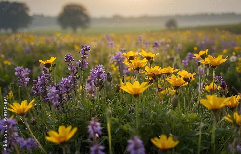 Fototapeta premium background image of a beautiful spring blooming flower field with a variety of striking colors, with a blurred background.