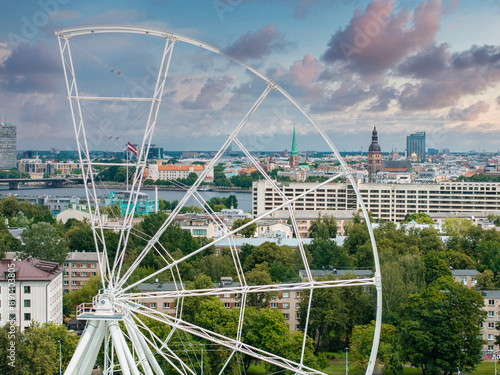 Construction of the observation wheel in Riga, Latvia. Beautiful ferris wheel in the Victory park in the center of Riga with a beautiful view of the old town.