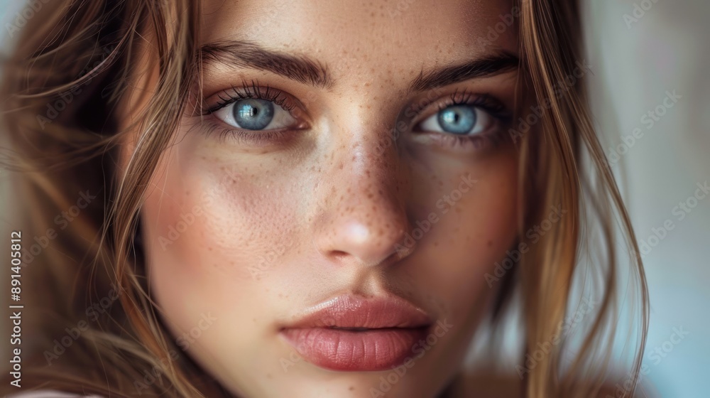 Closeup Portrait of a Woman with Blue Eyes and Freckles Closeup Portrait of a Woman with Blue Eyes and Freckles