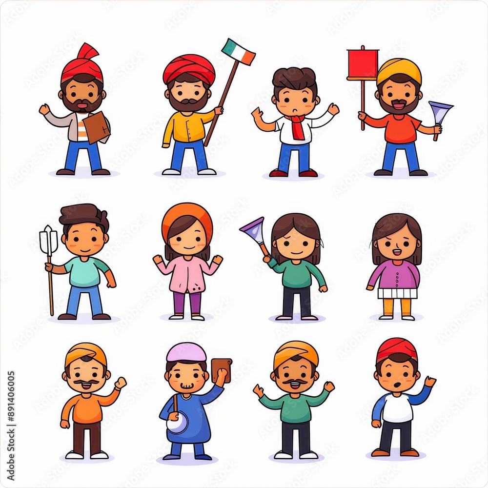 A group of cartoon characters are holding signs and waving A group of cartoon characters are holding signs and waving