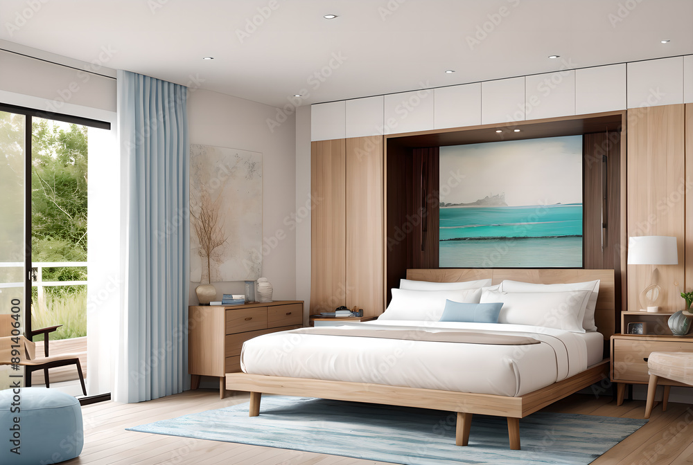 Stylish Coastal Bedroom with Scenic View and Modern Wooden Furnishings Stylish Coastal Bedroom with Scenic View and Modern Wooden Furnishings