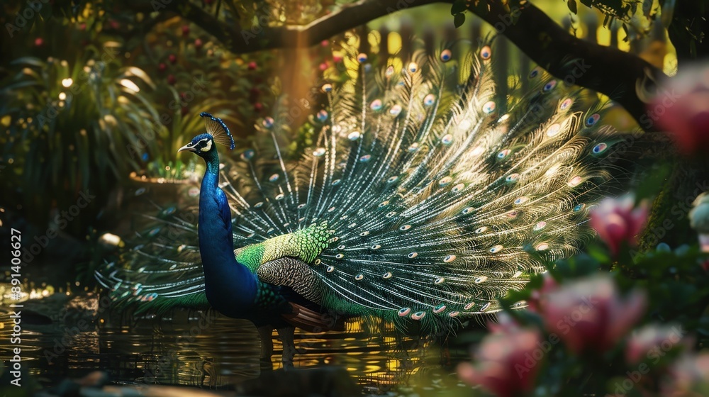 Obraz premium A peacock stands in a pond, its vibrant blue and green feathers displayed in a magnificent fan, with pink flowers and greenery in the background