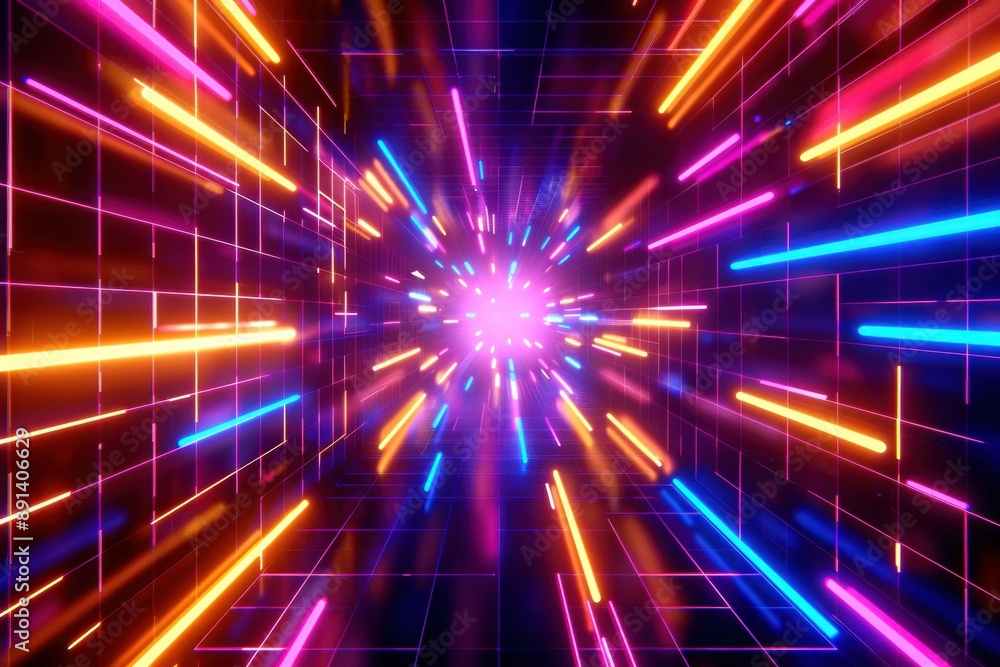 Fototapeta premium Colorful Neon Light Speed Tunnel depicting vibrant, fast-moving light beams in a futuristic setting.
