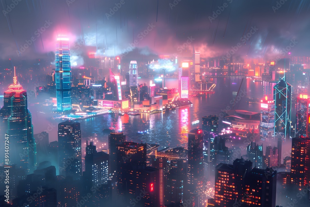 Fototapeta premium Vibrant Neon Cityscape at Night with Reflections on Water