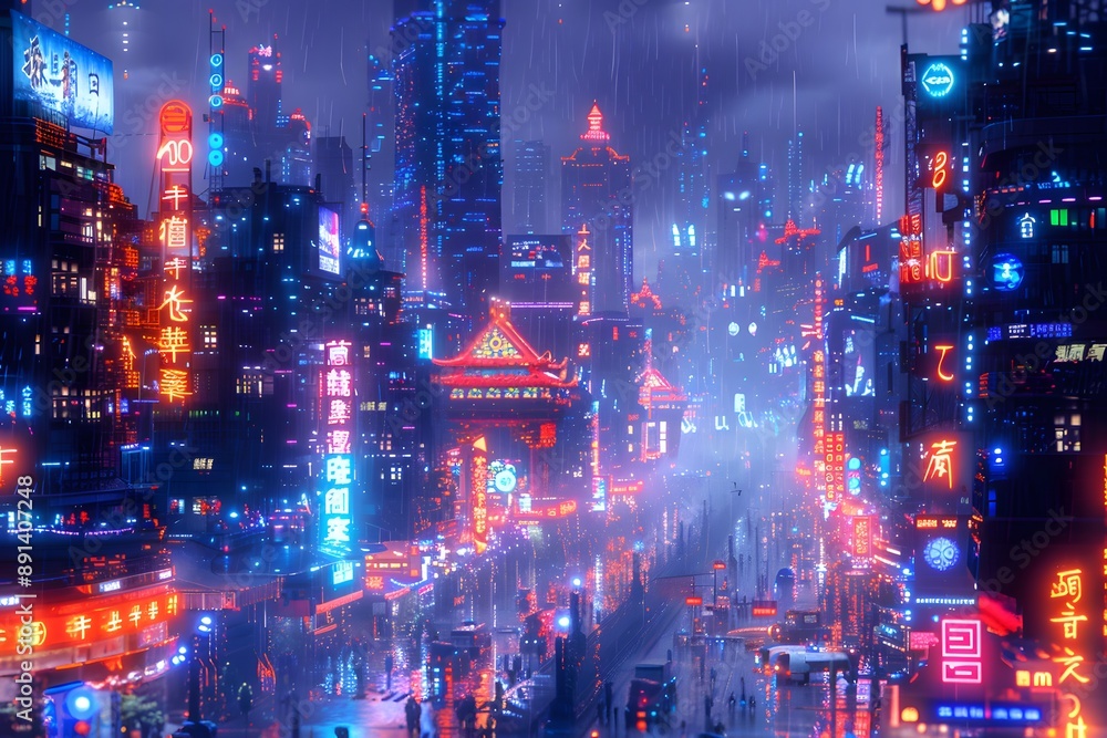 Vibrant Neon Cityscape Under Rainy Night Sky Vibrant Neon Cityscape Under Rainy Night Sky