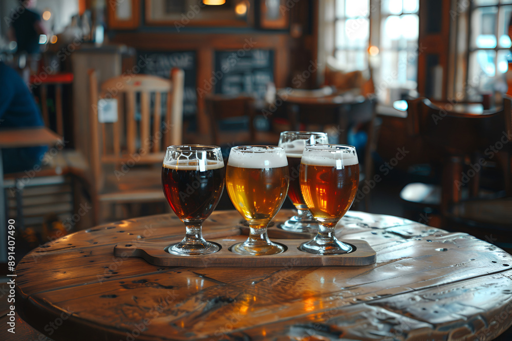 Craft beers on a wooden paddle in a cozy pub Craft beers on a wooden paddle in a cozy pub