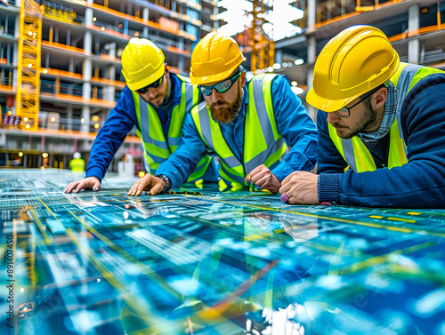 Construction Workers Examining Digital Plans In Modern City Building photo