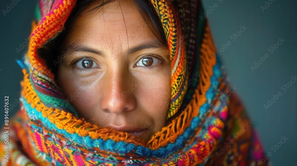 Portrait of an indigenous Peruvian woman wrapped in a colorful, traditional shawl, shivering in the cold, closeup, soft natural light Portrait of an indigenous Peruvian woman wrapped in a colorful, traditional shawl, shivering in the cold, closeup, soft natural light
