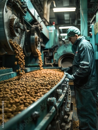 Modern machinery in a pet food factory creating pelleted feed, workers overseeing the process photo