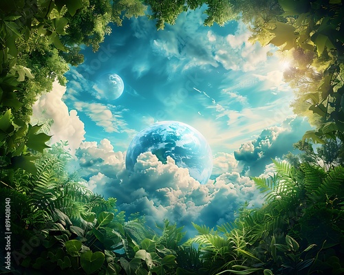 Beneath a sky filled with dramatic clouds a blue globe is surrounded by lush green vegetation symbolizing the commitment to preserving nature and promoting a sustainable 