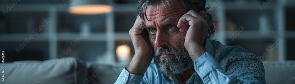 Middle-Aged Man Experiencing Pain and Melancholy, A Portrait of Inner Turmoil and Emotional Distress, Stock Photo Middle-Aged Man Experiencing Pain and Melancholy, A Portrait of Inner Turmoil and Emotional Distress, Stock Photo