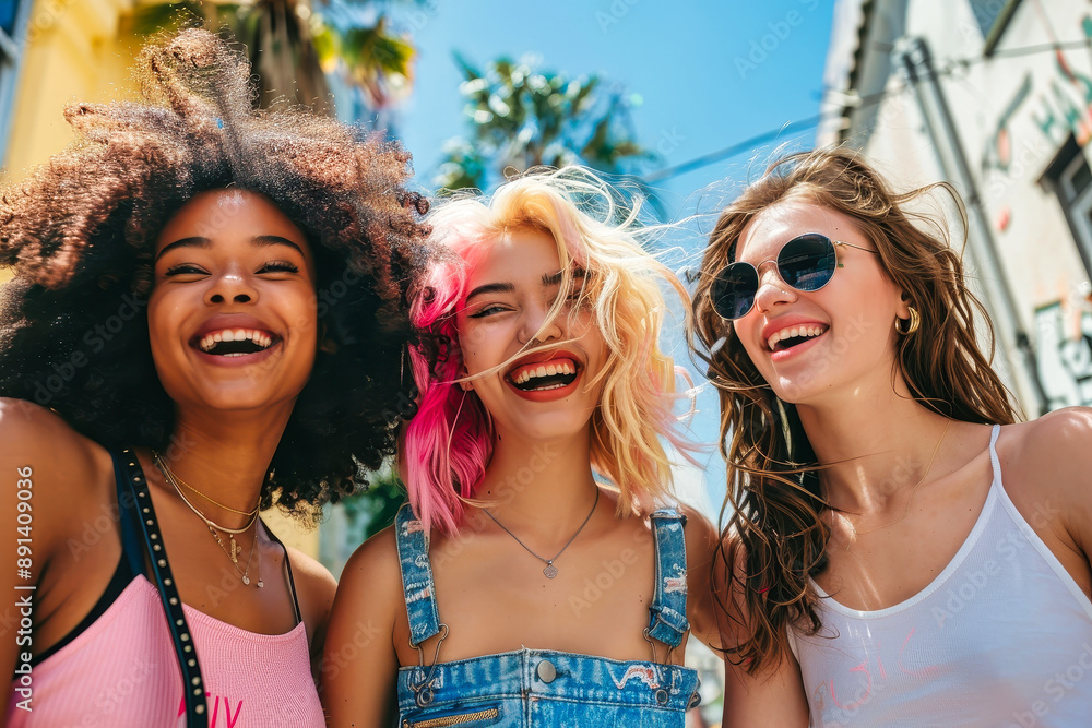 Three Friends Laughing Joyfully on a Sunny Day in a European City Three Friends Laughing Joyfully on a Sunny Day in a European City
